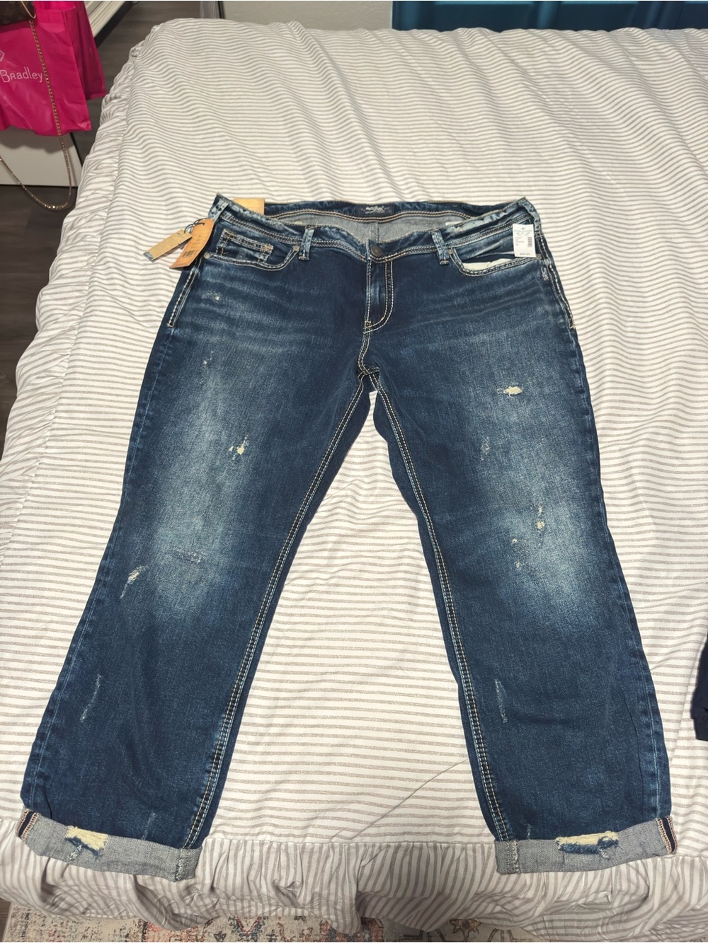 Silver Jeans Women's Boyfriend Distressed Dark Blue Denim